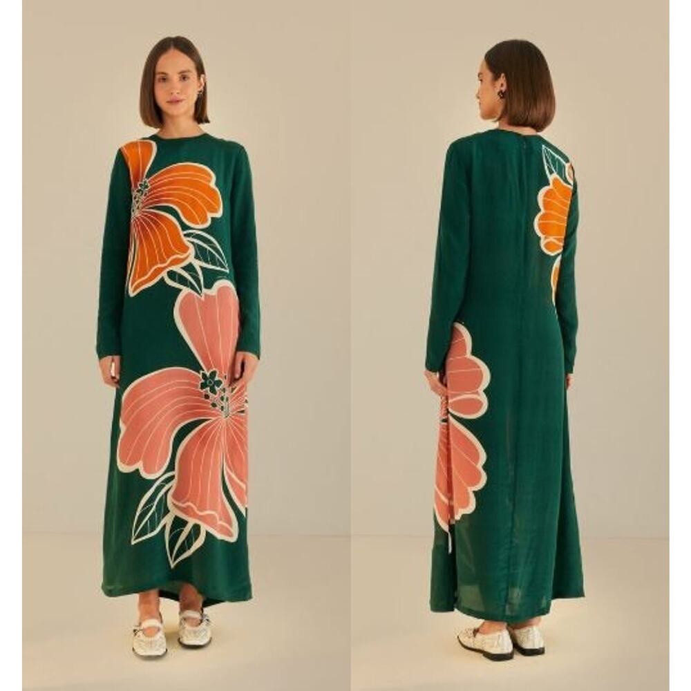 FARM RIO Honolulu Flowers Long Sleeve Maxi Dress Relaxed Fit Green Size Small